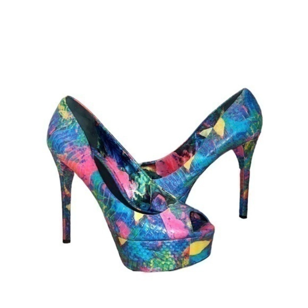 Brian Atwood Bambola Multicolored Snakeprint Peep Toe Platform Heels Size 8.5